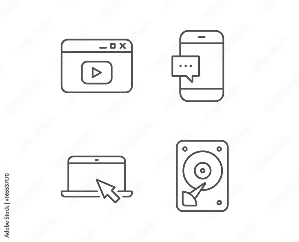 Notebook, Hard disk drive and Browser window line icons. Smartphone communication sign. Computer devices. Quality design elements. Editable stroke. Vector Notebook, Hard disk drive and Browser window line icons. Smartphone communication sign. Computer devices. Quality design elements. Editable stroke. Vector