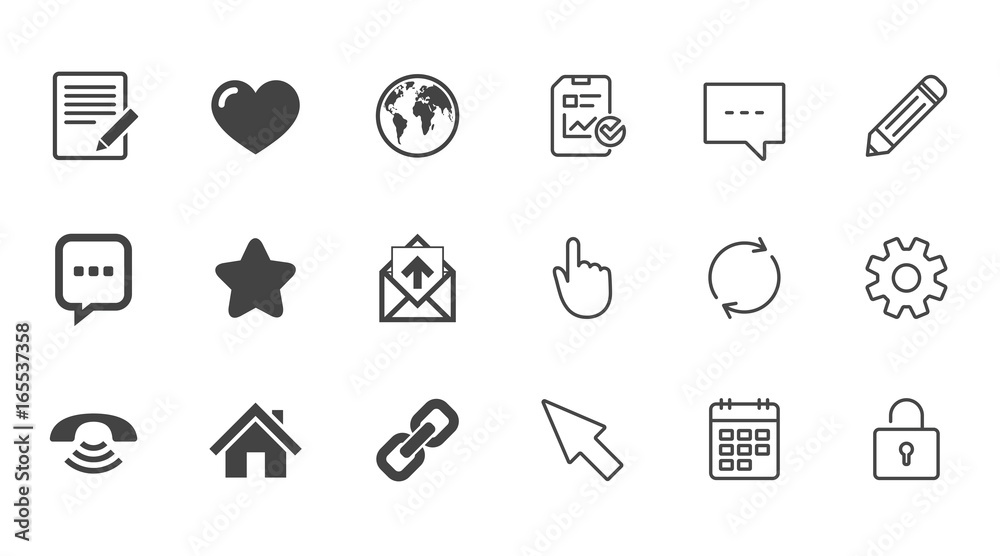 Fototapeta premium Mail, contact icons. Favorite, like and internet signs. E-mail, chat message and phone call symbols. Chat, Report and Calendar line signs. Service, Pencil and Locker icons. Click, Rotation and Cursor