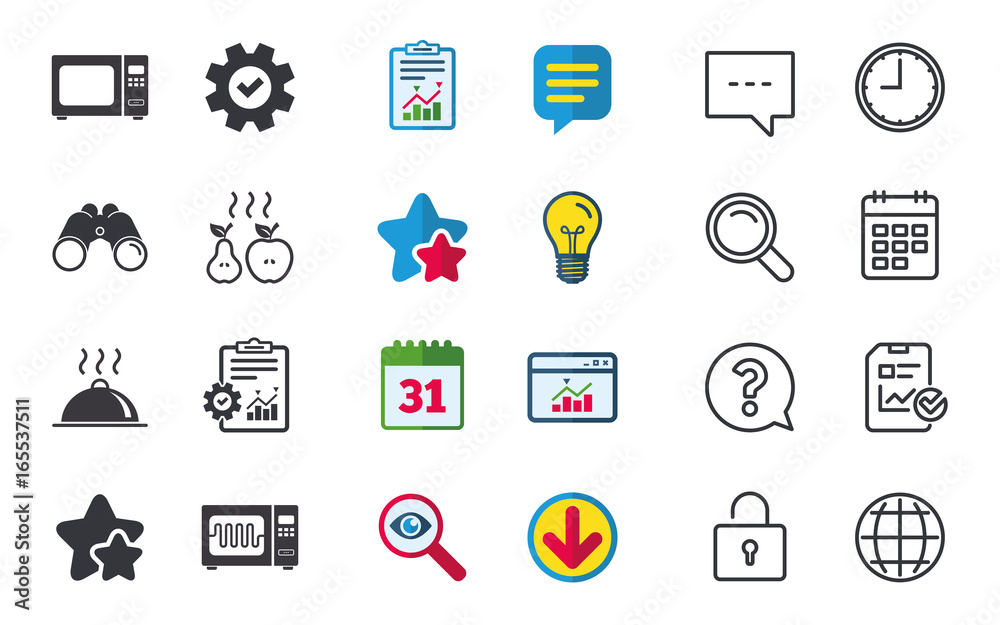 Microwave grill oven icons. Cooking apple and pear signs. Food platter serving symbol. Chat, Report and Calendar signs. Stars, Statistics and Download icons. Question, Clock and Globe. Vector Microwave grill oven icons. Cooking apple and pear signs. Food platter serving symbol. Chat, Report and Calendar signs. Stars, Statistics and Download icons. Question, Clock and Globe. Vector