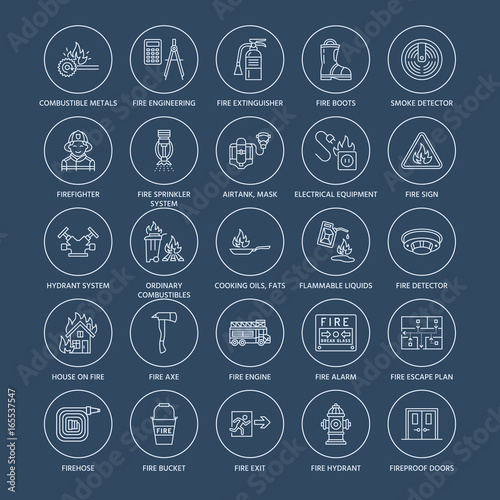 Firefighting, fire safety equipment flat line icons. Firefighter, fire engine extinguisher, smoke detector, house, danger signs, firehose. Flame protection thin linear pictogram.