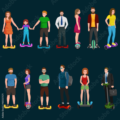 active peoples fun with electric scooter, family on new modern technology hoverboard, man woman and child self balance wheel transport gyroscooter ride the street vector illustrator