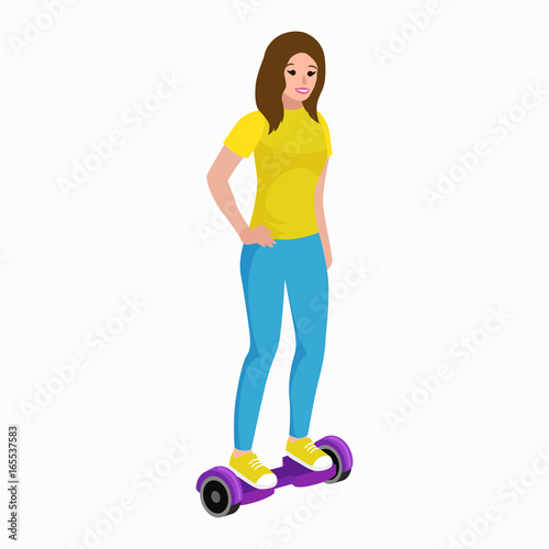 active peoples fun with electric scooter, new modern technology hoverboard, woman self balance wheel transport gyroscooter ride the street vector illustrator