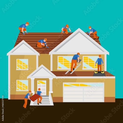 roof construction worker repair home, build structure fixing rooftop tile house with labor equipment, roofer men with work tools in hands outdoors renovation residential vector illustration