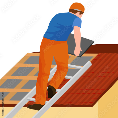 roof construction worker repair home, build structure fixing rooftop tile house with labor equipment, roofer men with work tools in hands outdoors renovation residential vector illustration
