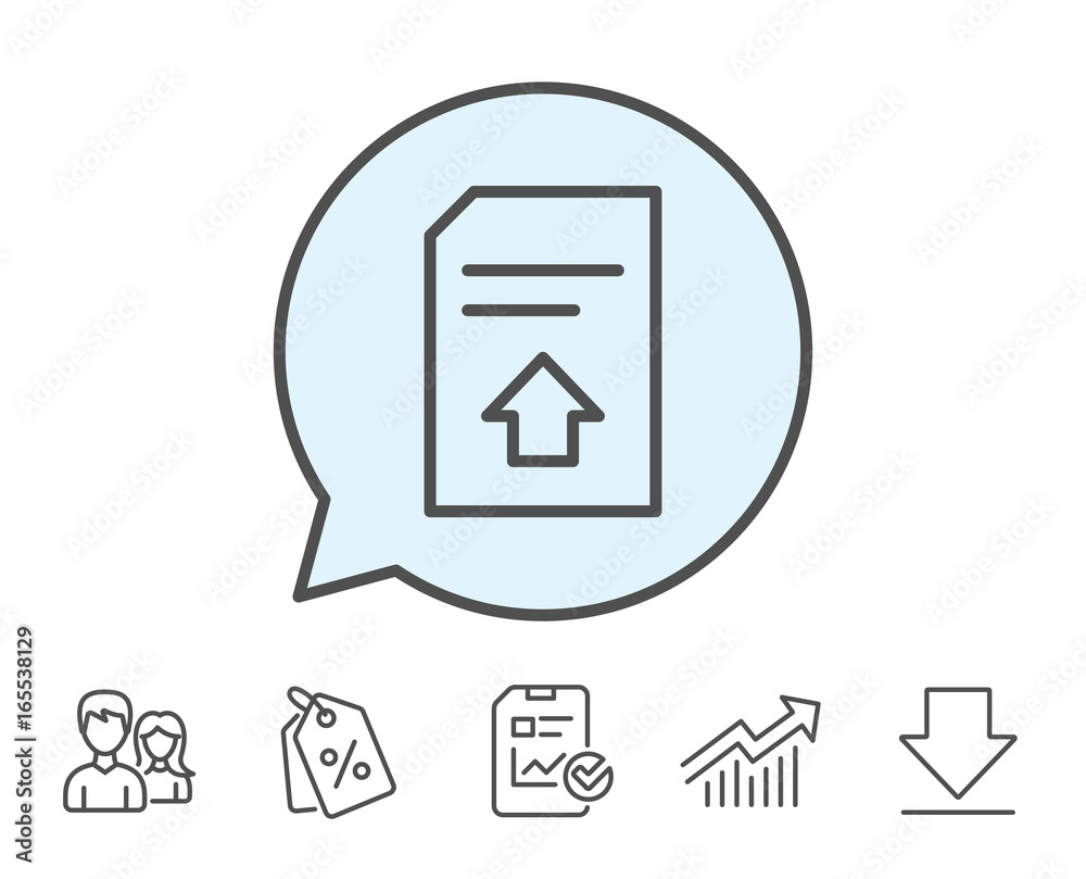 Upload Document line icon. Information File sign. Paper page concept symbol. Report, Sale Coupons and Chart line signs. Download, Group icons. Editable stroke. Vector Upload Document line icon. Information File sign. Paper page concept symbol. Report, Sale Coupons and Chart line signs. Download, Group icons. Editable stroke. Vector
