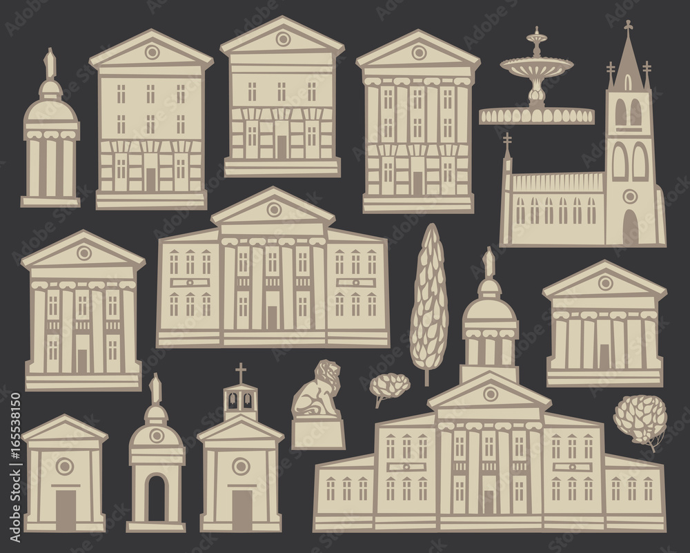 Set of vector drawings of old houses and churches in European cities on black background