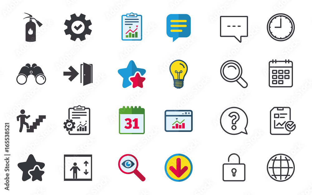 Emergency exit icons. Fire extinguisher sign. Elevator or lift symbol. Fire exit through the stairwell. Chat, Report and Calendar signs. Stars, Statistics and Download icons. Question, Clock and Globe Emergency exit icons. Fire extinguisher sign. Elevator or lift symbol. Fire exit through the stairwell. Chat, Report and Calendar signs. Stars, Statistics and Download icons. Question, Clock and Globe