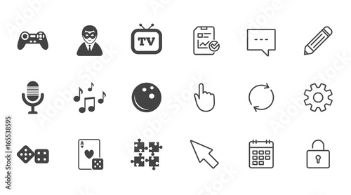 Entertainment icons. Game, bowling and puzzle signs. Casino, carnival and musical note symbols. Chat, Report and Calendar line signs. Service, Pencil and Locker icons. Click, Rotation and Cursor