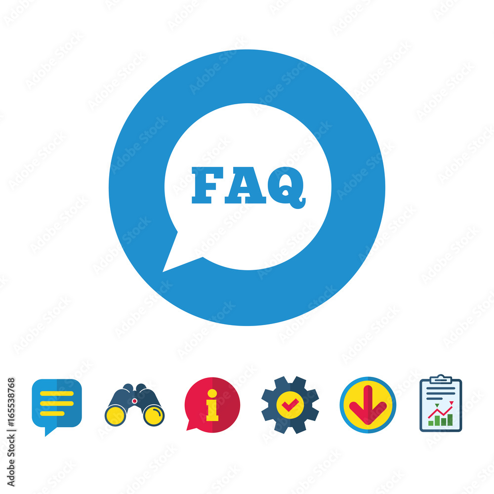 FAQ information sign icon. Help speech bubble symbol. Information, Report and Speech bubble signs. Binoculars, Service and Download icons. Vector FAQ information sign icon. Help speech bubble symbol. Information, Report and Speech bubble signs. Binoculars, Service and Download icons. Vector
