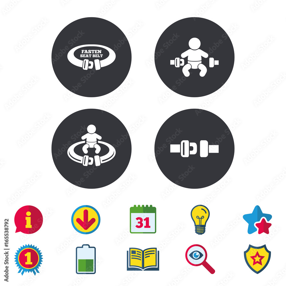 Fasten seat belt icons. Child safety in accident symbols. Vehicle safety belt signs. Calendar, Information and Download signs. Stars, Award and Book icons. Light bulb, Shield and Search. Vector Fasten seat belt icons. Child safety in accident symbols. Vehicle safety belt signs. Calendar, Information and Download signs. Stars, Award and Book icons. Light bulb, Shield and Search. Vector