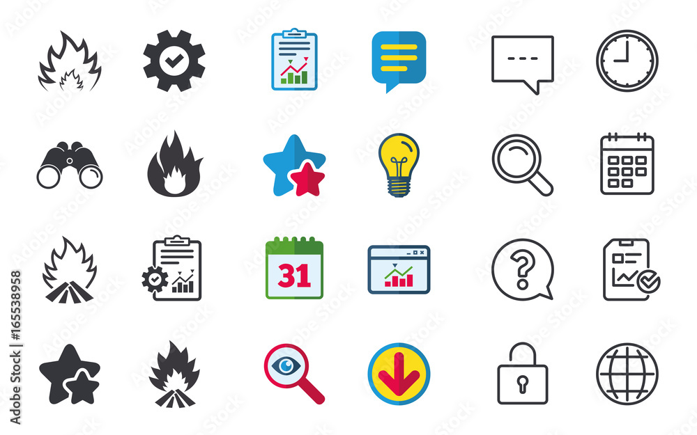 Fire flame icons. Heat symbols. Inflammable signs. Chat, Report and Calendar signs. Stars, Statistics and Download icons. Question, Clock and Globe. Vector