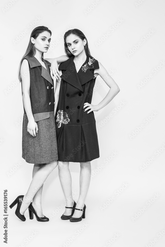 High fashion studio portrait of young twins sisters in studio. High fashion studio portrait of young twins sisters in studio.