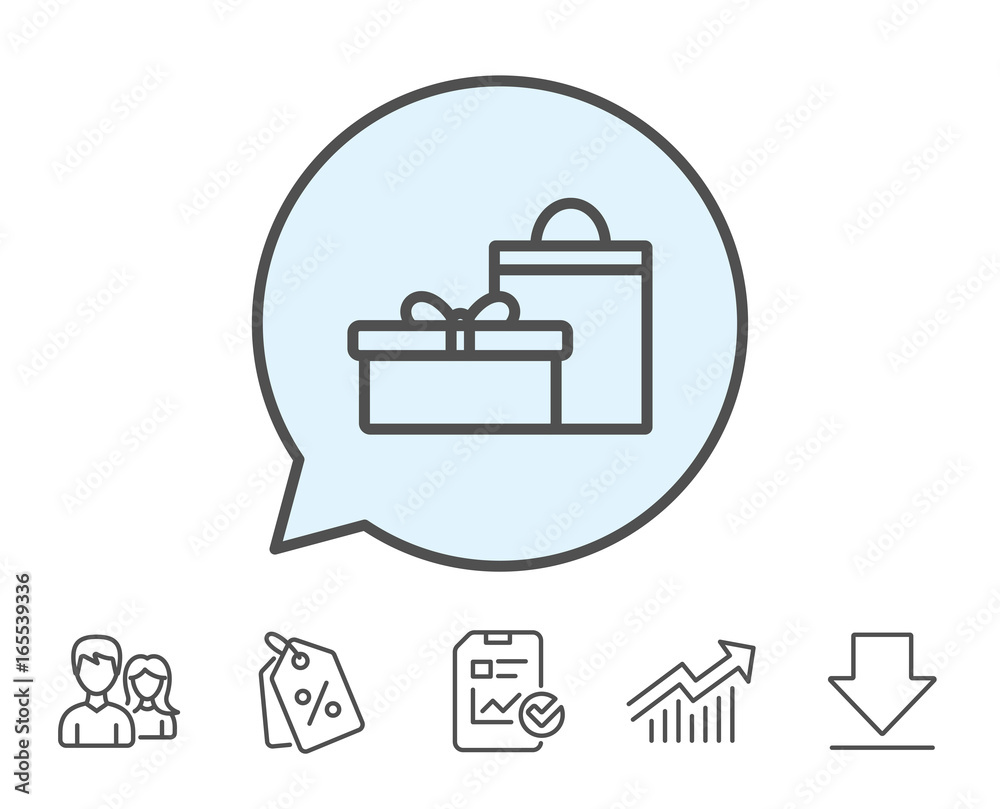 Gift box with bag line icon. Present or Sale sign. Birthday Shopping symbol. Package in Gift Wrap. Report, Sale Coupons and Chart line signs. Download, Group icons. Editable stroke. Vector Gift box with bag line icon. Present or Sale sign. Birthday Shopping symbol. Package in Gift Wrap. Report, Sale Coupons and Chart line signs. Download, Group icons. Editable stroke. Vector