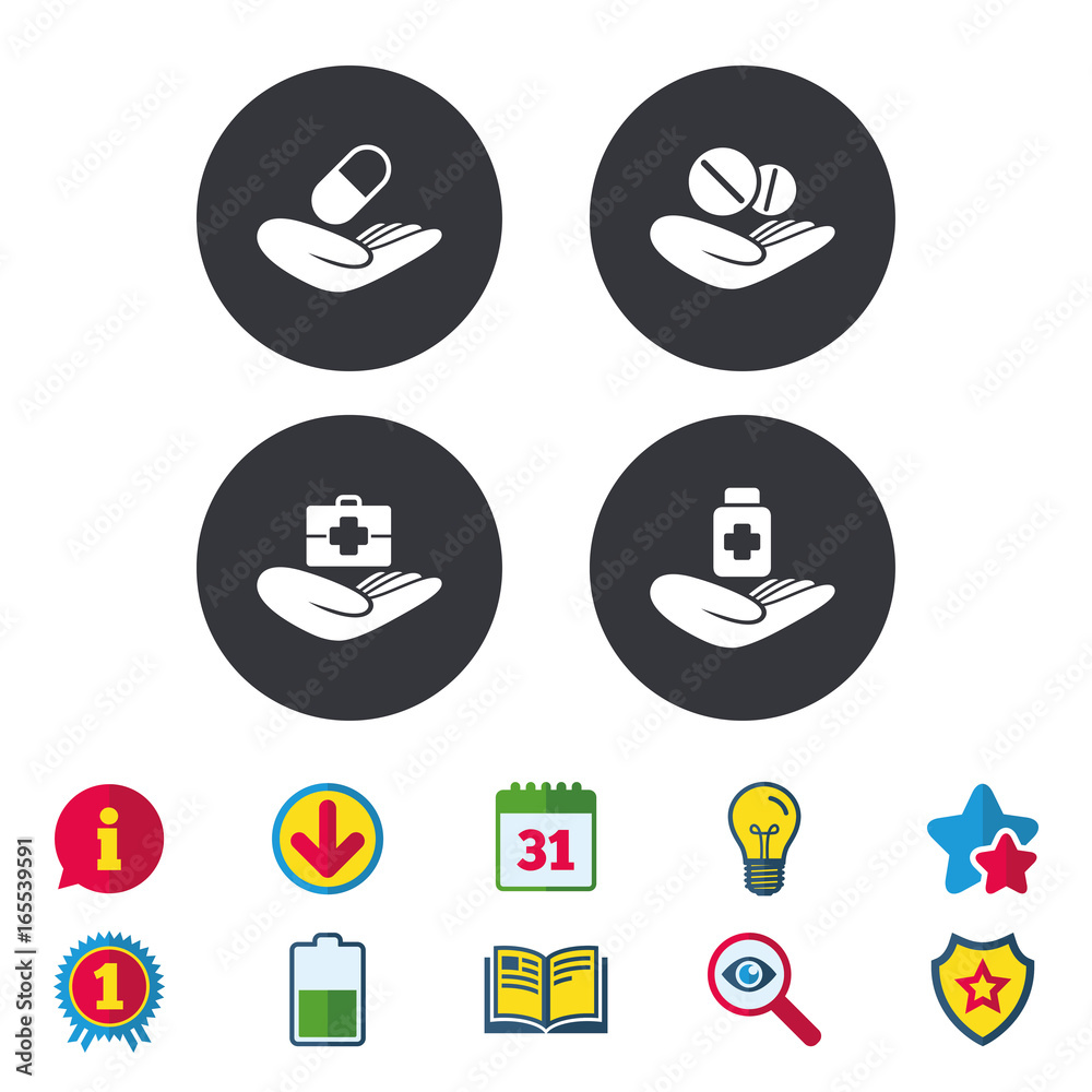 Helping hands icons. Medical health insurance symbols. Drugs pills bottle signs. Medicine tablets. Calendar, Information and Download signs. Stars, Award and Book icons. Light bulb, Shield and Search