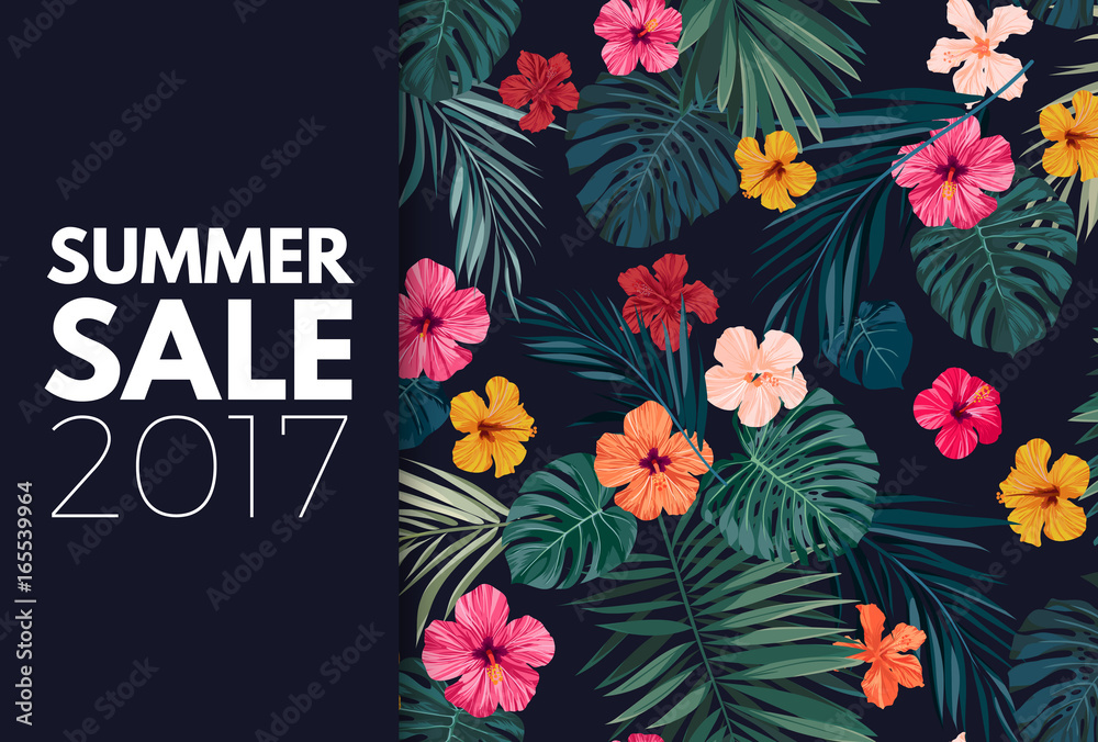 Naklejka premium Summer colorful hawaiian vector flyer design with tropical palm leaves and hibiscus flowers