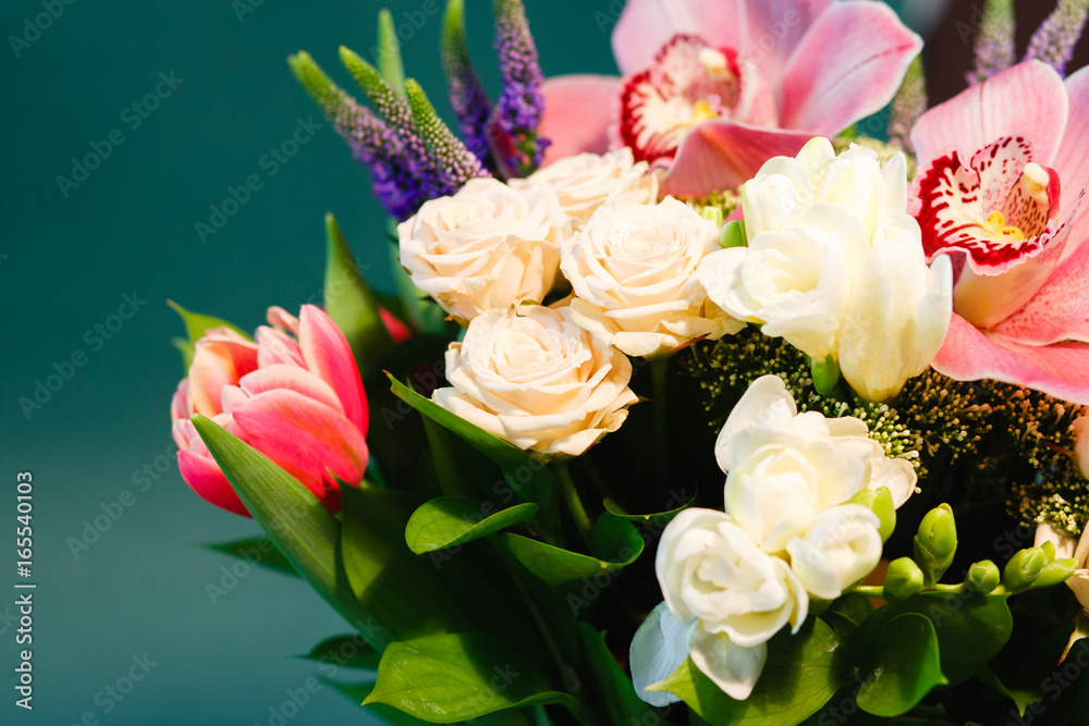 Bouquet of Tulips, roses, wildflowers , spase for text