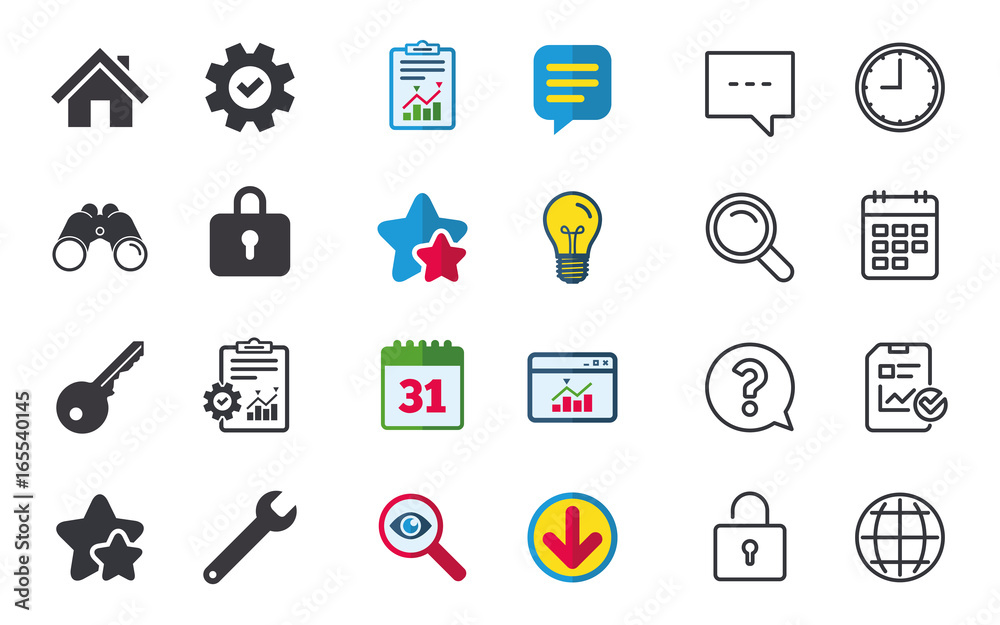 Home key icon. Wrench service tool symbol. Locker sign. Main page web navigation. Chat, Report and Calendar signs. Stars, Statistics and Download icons. Question, Clock and Globe. Vector