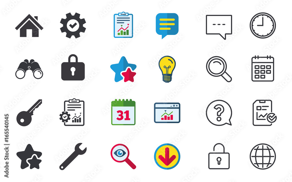 Home key icon. Wrench service tool symbol. Locker sign. Main page web navigation. Chat, Report and Calendar signs. Stars, Statistics and Download icons. Question, Clock and Globe. Vector Home key icon. Wrench service tool symbol. Locker sign. Main page web navigation. Chat, Report and Calendar signs. Stars, Statistics and Download icons. Question, Clock and Globe. Vector