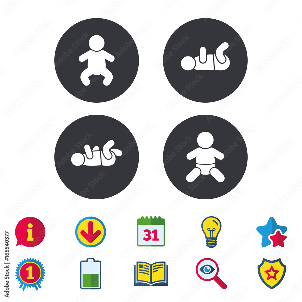 Newborn icons. Baby infant or toddler symbols. Child silhouette. Calendar, Information and Download signs. Stars, Award and Book icons. Light bulb, Shield and Search. Vector Newborn icons. Baby infant or toddler symbols. Child silhouette. Calendar, Information and Download signs. Stars, Award and Book icons. Light bulb, Shield and Search. Vector