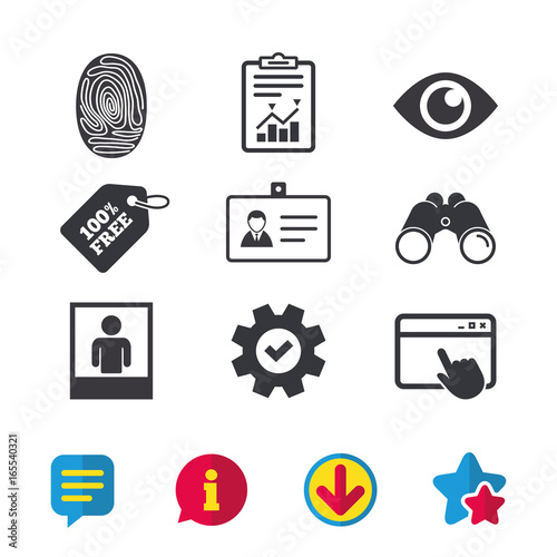 Identity ID card badge icons. Eye and fingerprint symbols. Authentication signs. Photo frame with human person. Browser window, Report and Service signs. Binoculars, Information and Download icons
