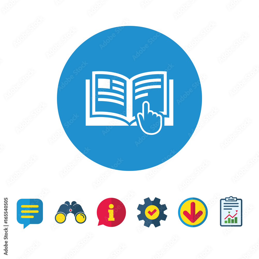 Instruction sign icon. Manual book symbol. Read before use. Information, Report and Speech bubble signs. Binoculars, Service and Download icons. Vector Instruction sign icon. Manual book symbol. Read before use. Information, Report and Speech bubble signs. Binoculars, Service and Download icons. Vector