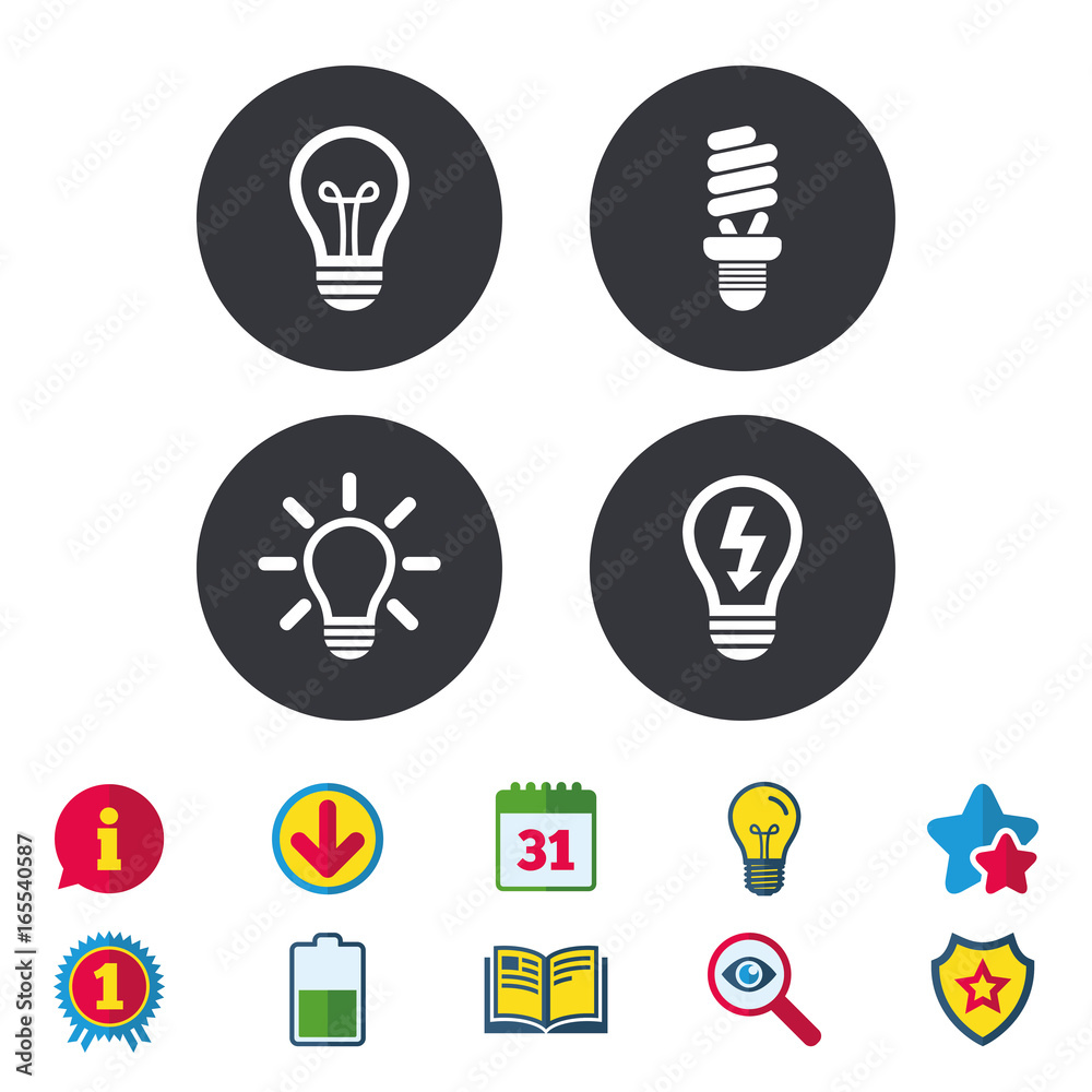 Light lamp icons. Fluorescent lamp bulb symbols. Energy saving. Idea and success sign. Calendar, Information and Download signs. Stars, Award and Book icons. Light bulb, Shield and Search. Vector