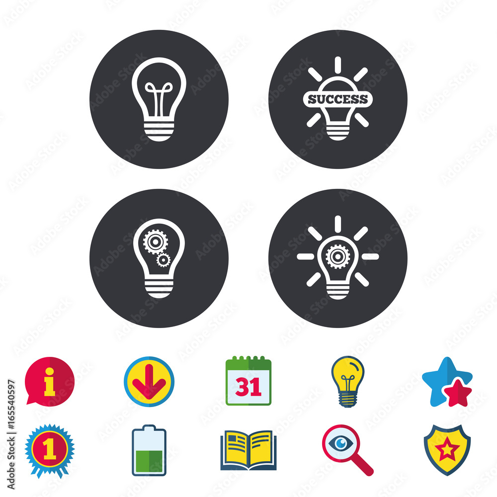 Light lamp icons. Lamp bulb with cogwheel gear symbols. Idea and success sign. Calendar, Information and Download signs. Stars, Award and Book icons. Light bulb, Shield and Search. Vector