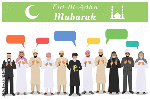 Muslim holiday Eid al-Adha. Feast of the Sacrifice. Different standing praying muslim arabic people, mullah and speech bubble in traditional arabian clothes. Mufti with quran. Islamic men. Vector.