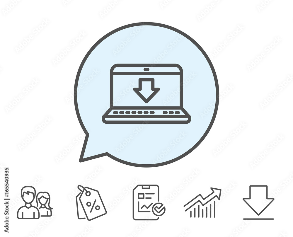 Download line icon. Internet Downloading with Laptop sign. Load file symbol. Report, Sale Coupons and Chart line signs. Download, Group icons. Editable stroke. Vector Download line icon. Internet Downloading with Laptop sign. Load file symbol. Report, Sale Coupons and Chart line signs. Download, Group icons. Editable stroke. Vector