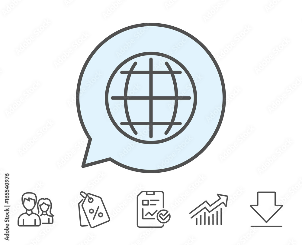 Globe line icon. World or Earth sign. Global Internet symbol. Report, Sale Coupons and Chart line signs. Download, Group icons. Editable stroke. Vector