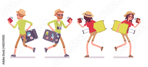 Tourist man and woman running