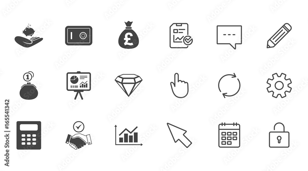 Money, cash and finance icons. Handshake, safe and calculator signs. Chart, safe and jewelry symbols. Chat, Report and Calendar line signs. Service, Pencil and Locker icons. Click, Rotation and Cursor Money, cash and finance icons. Handshake, safe and calculator signs. Chart, safe and jewelry symbols. Chat, Report and Calendar line signs. Service, Pencil and Locker icons. Click, Rotation and Cursor