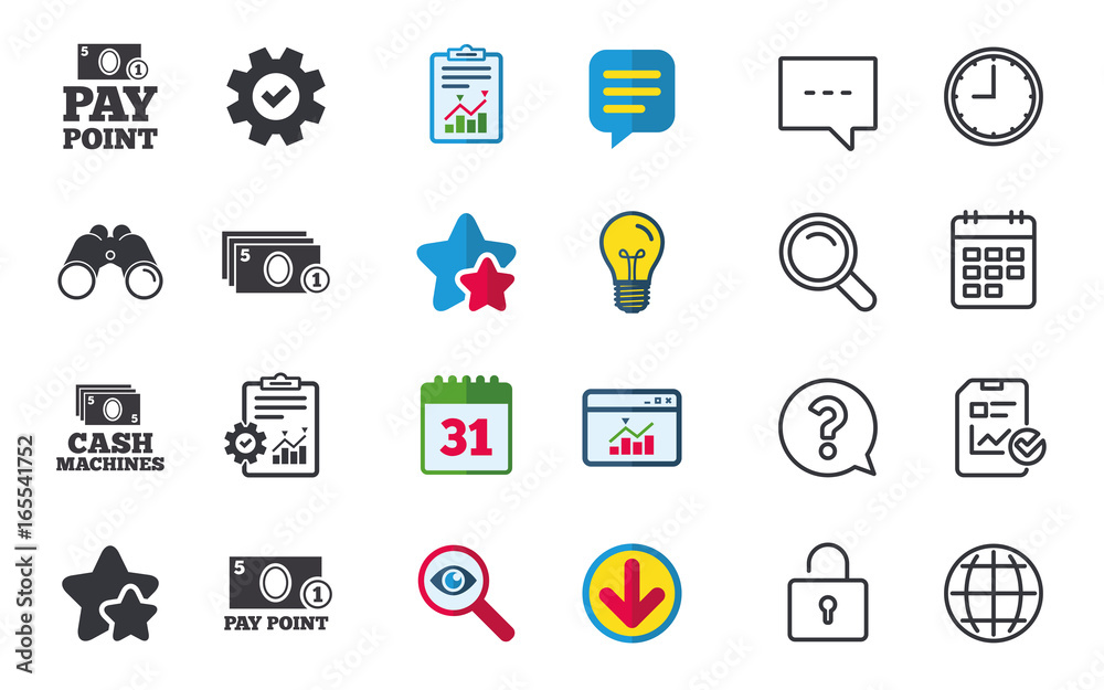 Cash and coin icons. Cash machines or ATM signs. Pay point or Withdrawal symbols. Chat, Report and Calendar signs. Stars, Statistics and Download icons. Question, Clock and Globe. Vector