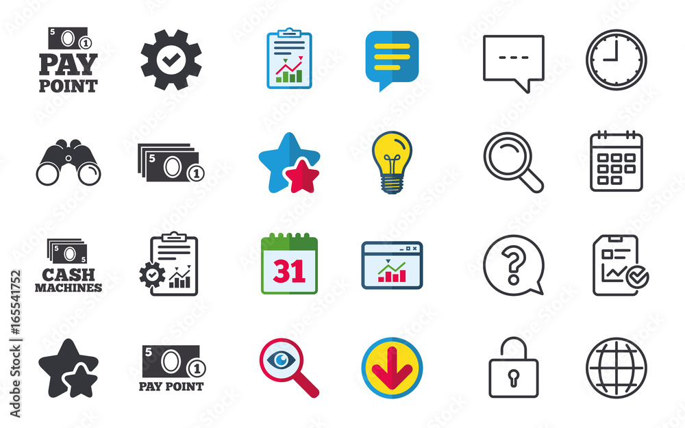 Cash and coin icons. Cash machines or ATM signs. Pay point or Withdrawal symbols. Chat, Report and Calendar signs. Stars, Statistics and Download icons. Question, Clock and Globe. Vector Cash and coin icons. Cash machines or ATM signs. Pay point or Withdrawal symbols. Chat, Report and Calendar signs. Stars, Statistics and Download icons. Question, Clock and Globe. Vector