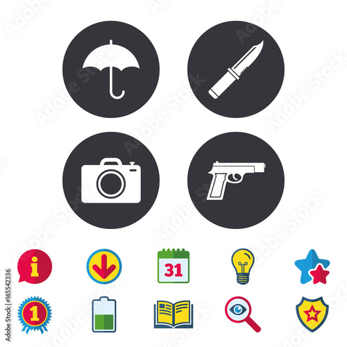 Gun weapon icon.Knife, umbrella and photo camera signs. Edged hunting equipment. Prohibition objects. Calendar, Information and Download signs. Stars, Award and Book icons. Vector
