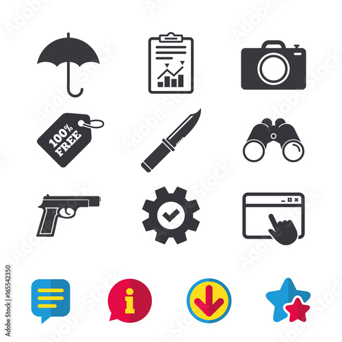 Gun weapon icon.Knife, umbrella and photo camera signs. Edged hunting equipment. Prohibition objects. Browser window, Report and Service signs. Binoculars, Information and Download icons. Vector