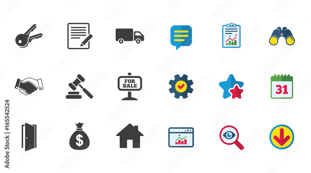 Real estate, auction icons. Handshake, for sale and money bag signs. Keys, delivery truck and door symbols. Calendar, Report and Download signs. Stars, Service and Search icons. Vector