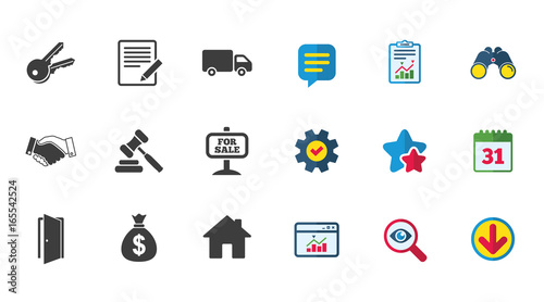 Real estate, auction icons. Handshake, for sale and money bag signs. Keys, delivery truck and door symbols. Calendar, Report and Download signs. Stars, Service and Search icons. Vector © blankstock