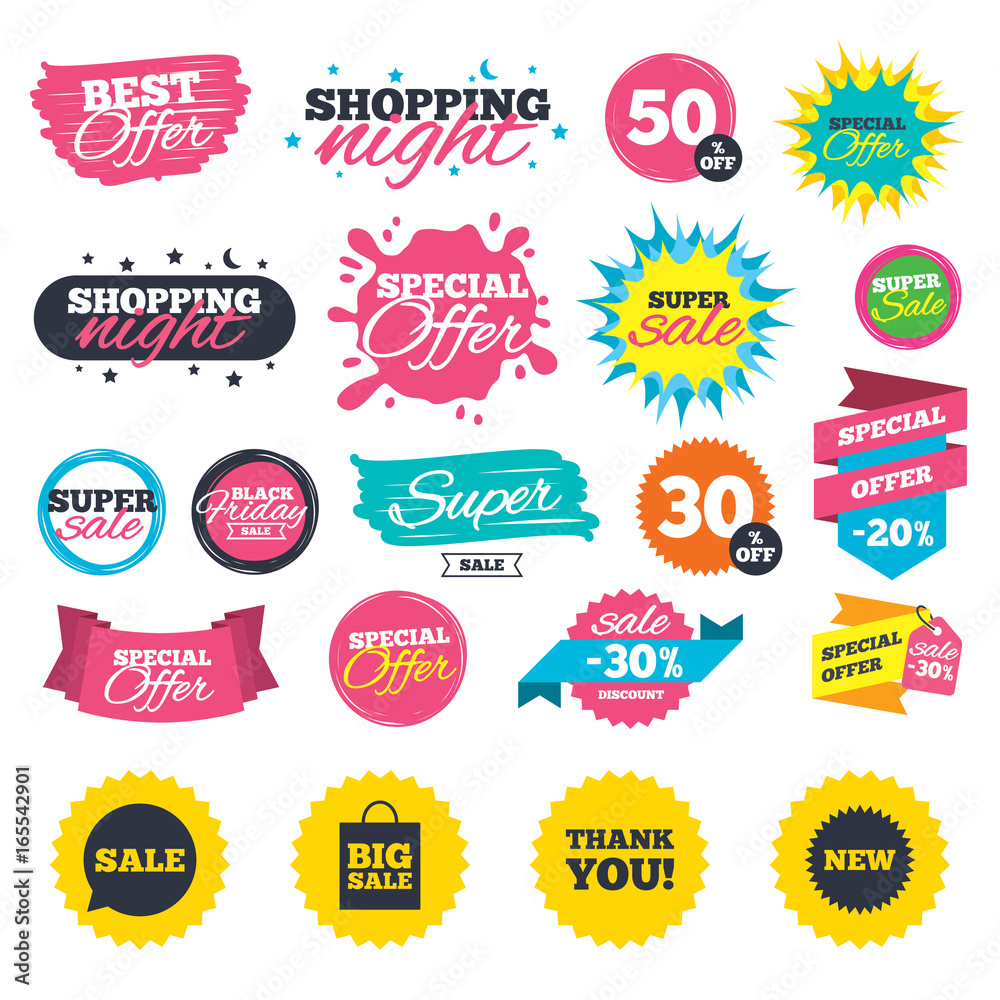 Sale shopping banners. Sale speech bubble icon. Thank you symbol. New star circle sign. Big sale shopping bag. Web badges, splash and stickers. Best offer. Vector