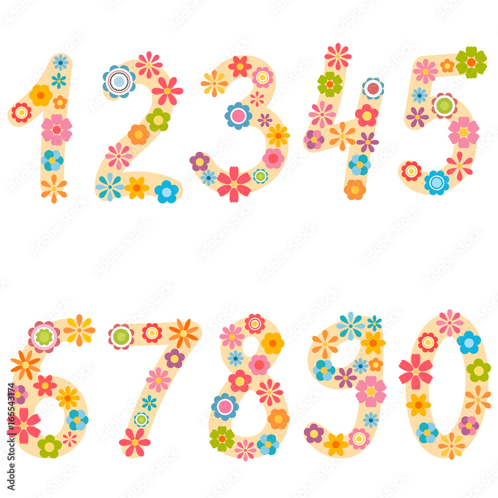 numbers from zero to nine with colorful flowers