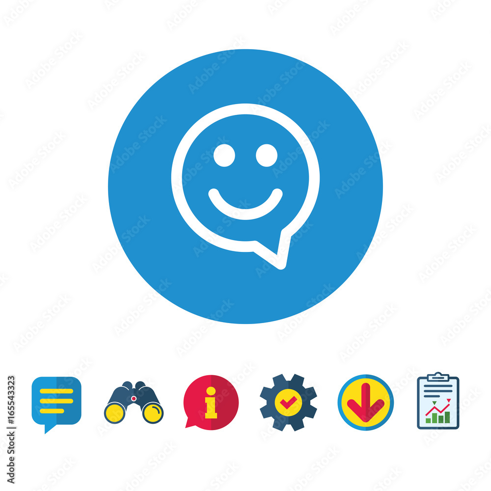 Happy face chat speech bubble symbol. Smile icon. Information, Report and Speech bubble signs. Binoculars, Service and Download icons. Vector Happy face chat speech bubble symbol. Smile icon. Information, Report and Speech bubble signs. Binoculars, Service and Download icons. Vector