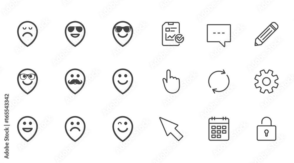 Smile pointers icons. Happy, sad and wink faces signs. Sunglasses, mustache and laughing lol smiley symbols. Chat, Report and Calendar line signs. Service, Pencil and Locker icons. Vector Smile pointers icons. Happy, sad and wink faces signs. Sunglasses, mustache and laughing lol smiley symbols. Chat, Report and Calendar line signs. Service, Pencil and Locker icons. Vector