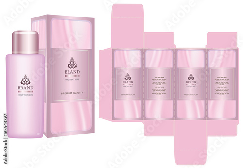 Label on packaging container with luxury box design template and mockup box. Pink set. Illustration vector