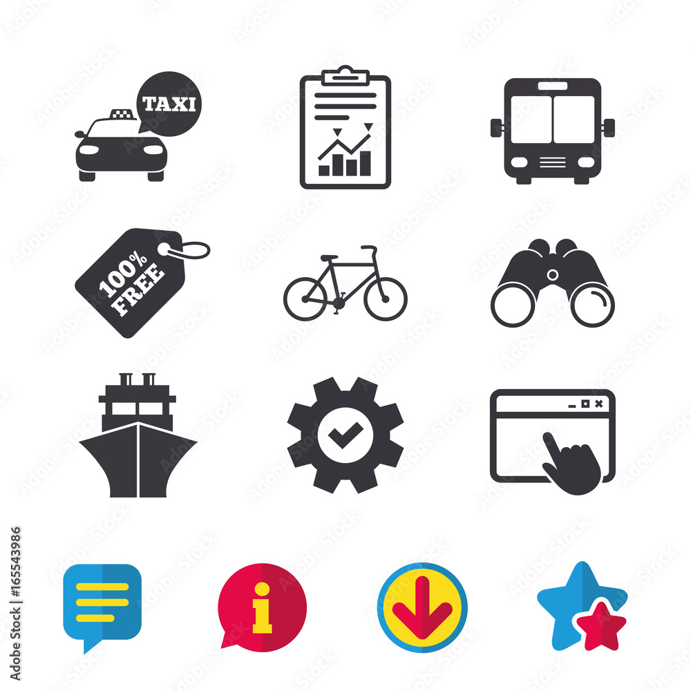 Transport icons. Taxi car, Bicycle, Public bus and Ship signs. Shipping delivery symbol. Speech bubble sign. Browser window, Report and Service signs. Binoculars, Information and Download icons Transport icons. Taxi car, Bicycle, Public bus and Ship signs. Shipping delivery symbol. Speech bubble sign. Browser window, Report and Service signs. Binoculars, Information and Download icons