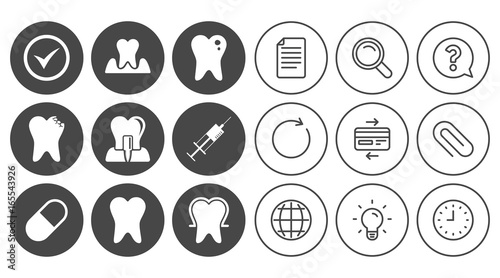 Tooth, dental care icons. Stomatology, syringe and implant signs. Healthy teeth, caries and pills symbols. Document, Globe and Clock line signs. Lamp, Magnifier and Paper clip icons. Vector