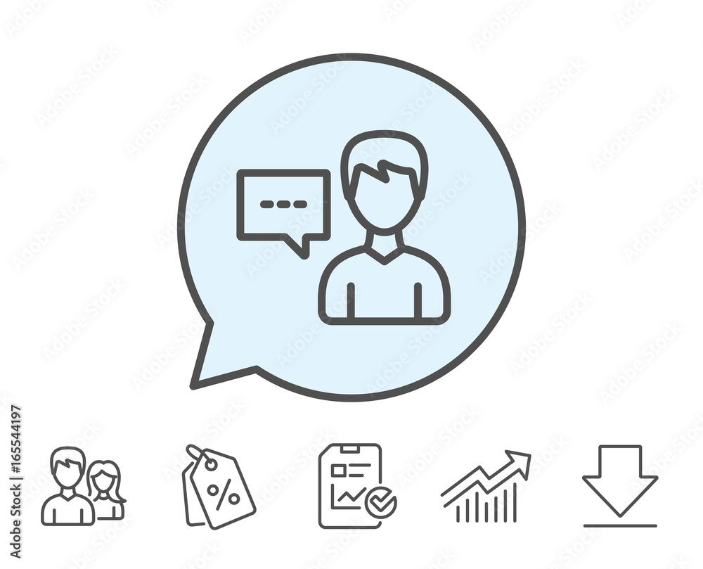 User communication line icon. Male Person with chat speech bubble sign. Human silhouette symbol. Report, Sale Coupons and Chart line signs. Download, Group icons. Editable stroke. Vector User communication line icon. Male Person with chat speech bubble sign. Human silhouette symbol. Report, Sale Coupons and Chart line signs. Download, Group icons. Editable stroke. Vector