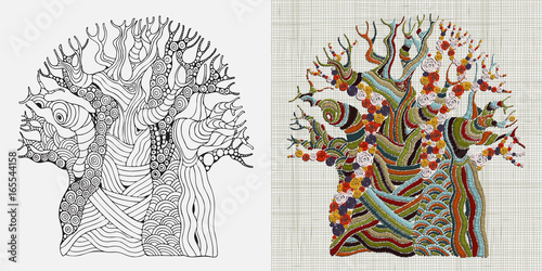 Embroidery Pattern. Hand stitched Embroidered Baobab tree. African tree. Ethnic wall art embroidery home decor. Linen cloth texture. Vector.