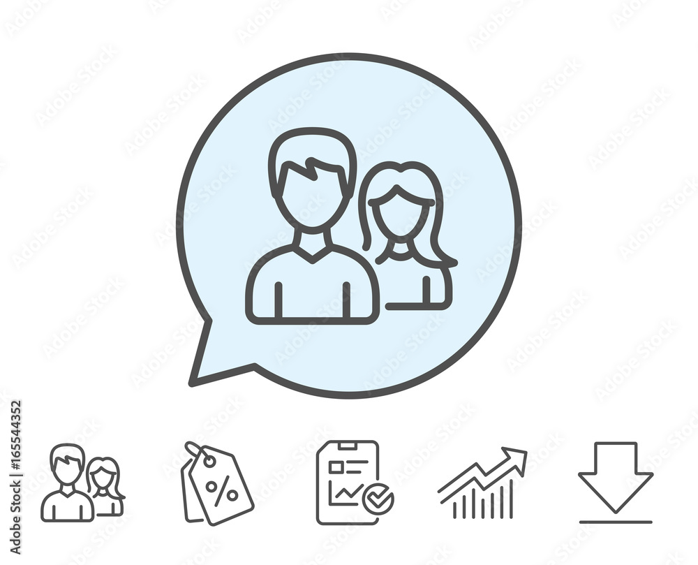 Couple line icon. Users Group or Teamwork sign. Male and Female Person silhouette symbol. Report, Sale Coupons and Chart line signs. Download, Group icons. Editable stroke. Vector Couple line icon. Users Group or Teamwork sign. Male and Female Person silhouette symbol. Report, Sale Coupons and Chart line signs. Download, Group icons. Editable stroke. Vector