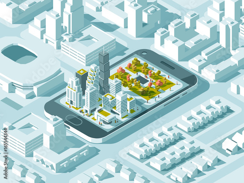 City isometric plan with road and buildings on smart phone. Map on mobile application. 3d vector illustration.