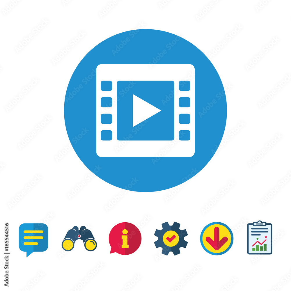 Video sign icon. Video frame symbol. Information, Report and Speech bubble signs. Binoculars, Service and Download icons. Vector Video sign icon. Video frame symbol. Information, Report and Speech bubble signs. Binoculars, Service and Download icons. Vector